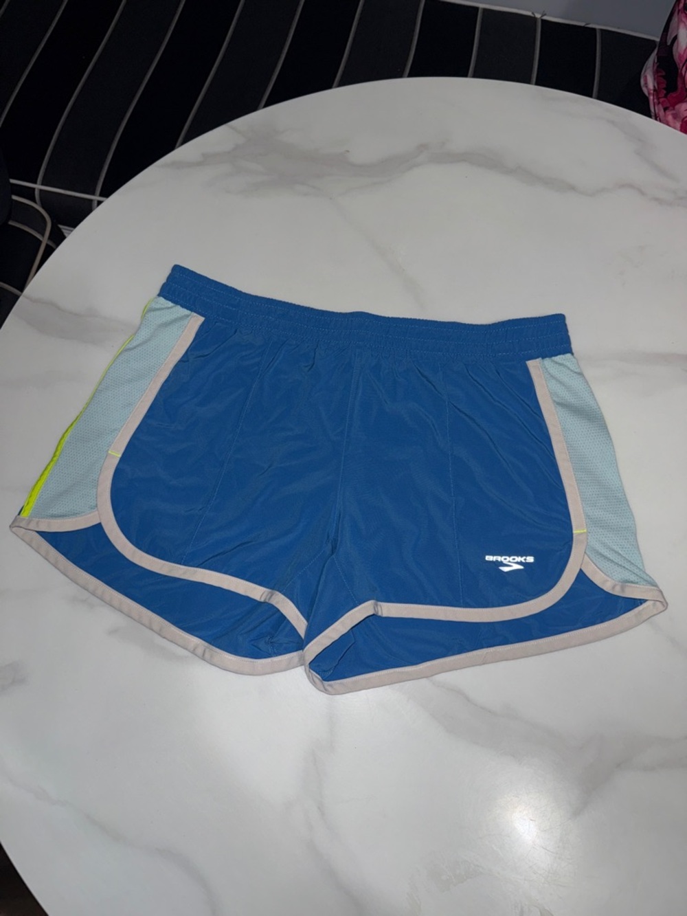 Brooks Women's Blue Running Shorts with Mint Panels and Cream Trim